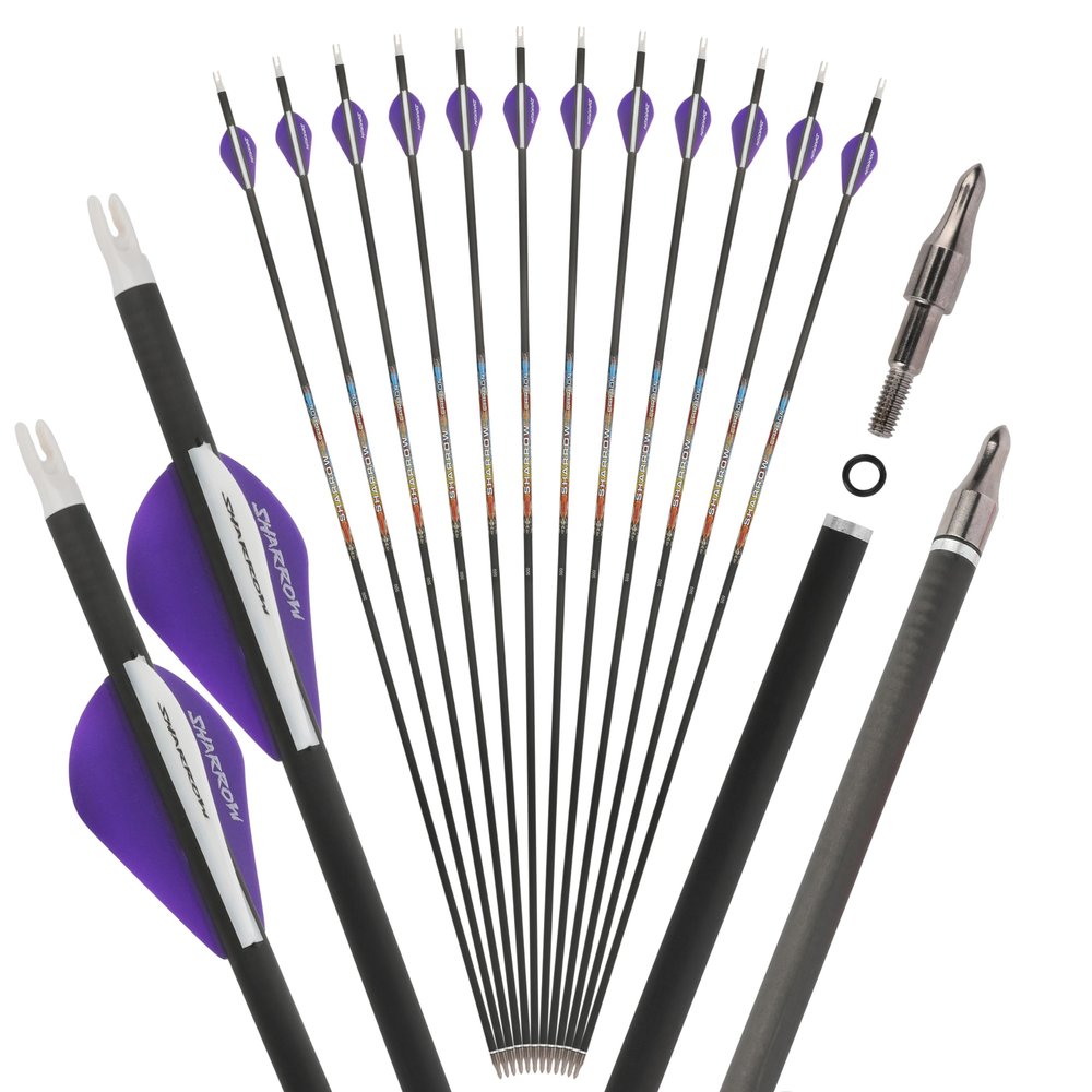 SHARROW 31" Carbon Arrows Hunting Arrows Spine 250 300 350 400 500 600 with Replaceable Tips Targeting Practice Arrows for Compound/Recurve/Long Bow 6/12pcs (12, Purple & White, Spine 350)