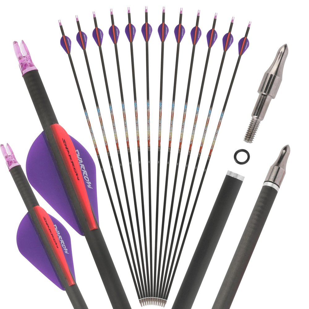SHARROW 31" Carbon Arrows Hunting Arrows Spine 250 300 350 400 500 600 with Replaceable Tips Targeting Practice Arrows for Compound/Recurve/Long Bow 6/12pcs (12, Purple & Red, Spine 250)