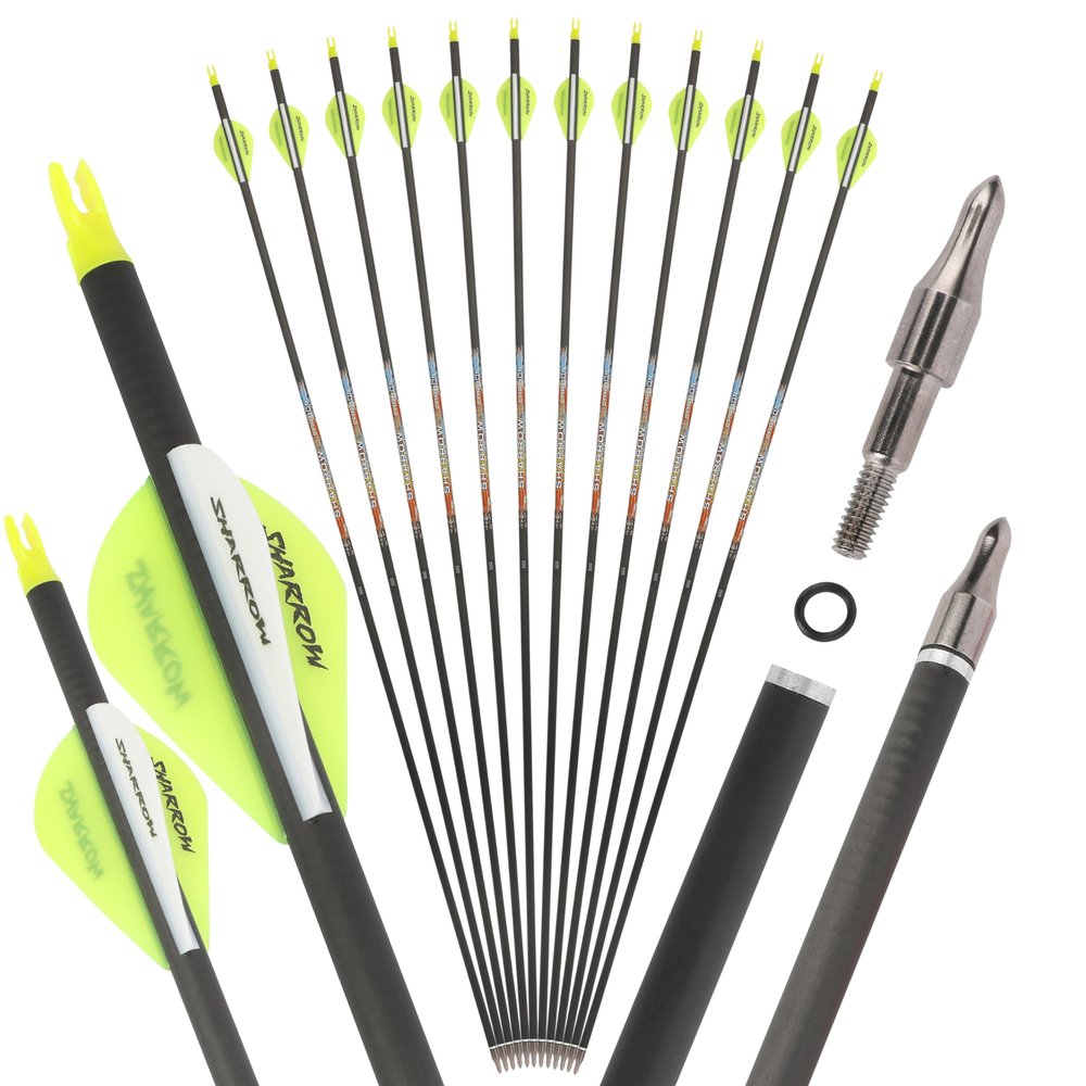 SHARROW 31" Carbon Arrows Hunting Arrows Spine 250 300 350 400 500 600 with Replaceable Tips Targeting Practice Arrows for Compound/Recurve/Long Bow 6/12pcs (12, Yellow & White, Spine 600)
