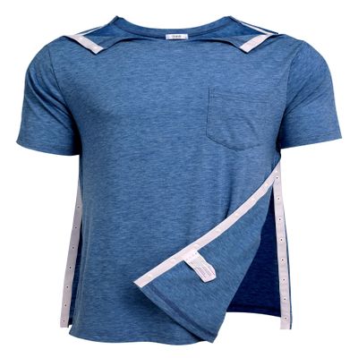 Deyeek Men's Shoulder Surgery Shirt Short Sleeve Dialysis Clothing Chemo Top Adaptive Clothing Dark Blue