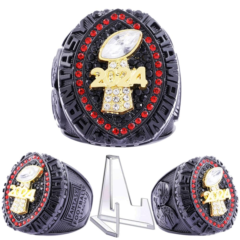 2024 Fantasy Football Championship Trophy Ring | Heavy FFL Champion Ring | Gold Silver Tone Plated Award Trophy for Fantasy Football League Winner (Ring and Stand Together, Size 14)