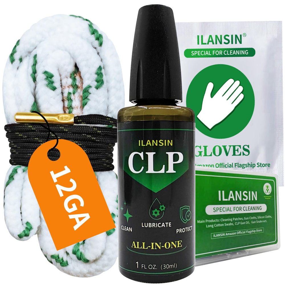 ILANSIN 12 Gauge Bore Cleaner,Needle CLP Oil,Oil Resistant Gloves,Universal Field&Range Gun Snake Kit for Gun Cleaning,Brass Brush Embedded in Cotton Bore Rope-Gun Cleaning Supplie