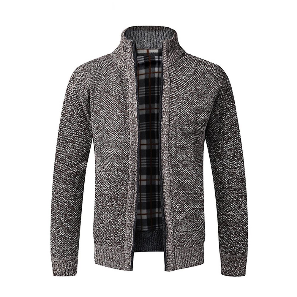 Uillui Mens Full Zipper Cardigan Sweater Flannel Lined Knitted Long Sleeve Cardigans Slim Fit Cable Knit Sweater with Pocket