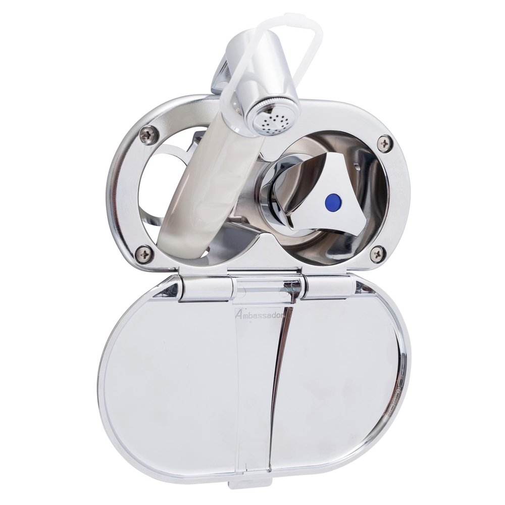 Ambassador Marine Trinidad- Transom Shower (Cold Only), Chrome Cup & Lid, Hammer-Head Warm White Sprayer, 10' White Rubber Hose, Chrome Trinidad Handle - 136-0214-CW-W