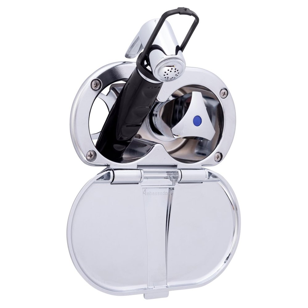 Ambassador Marine Trinidad- Transom Shower (Cold Only), Chrome Cup & Lid, Hammer-Head Black Sprayer, 6' Black Rubber Hose, Chrome Trinidad Handle - 136-0212-CP-W