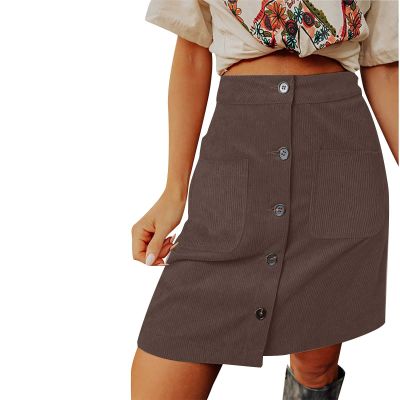 Women's Corduroy Skirts High Waisted A-Line Mini Button Front Skirt with Pockets Casual Elastic Fall Outfits Wrap Skirt Brown