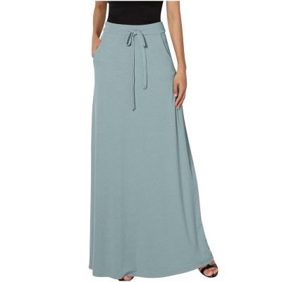 Womens Maxi Skirt Elastic Basic Solid Tie Dye Foldable High Waisted Midi Length Plus Size A-Line Skirts with Pockets Light Blue