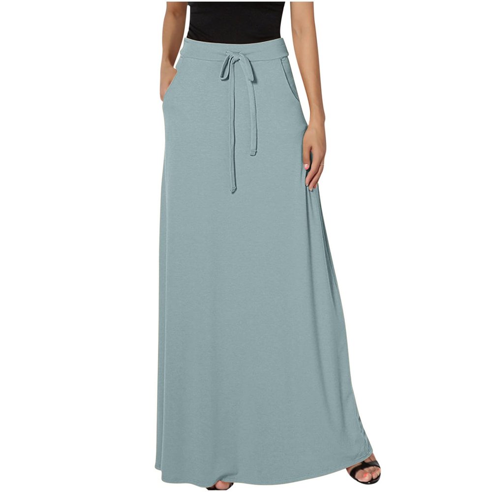 Womens Maxi Skirt Elastic Basic Solid Tie Dye Foldable High Waisted Midi Length Plus Size A-Line Skirts with Pockets Light Blue