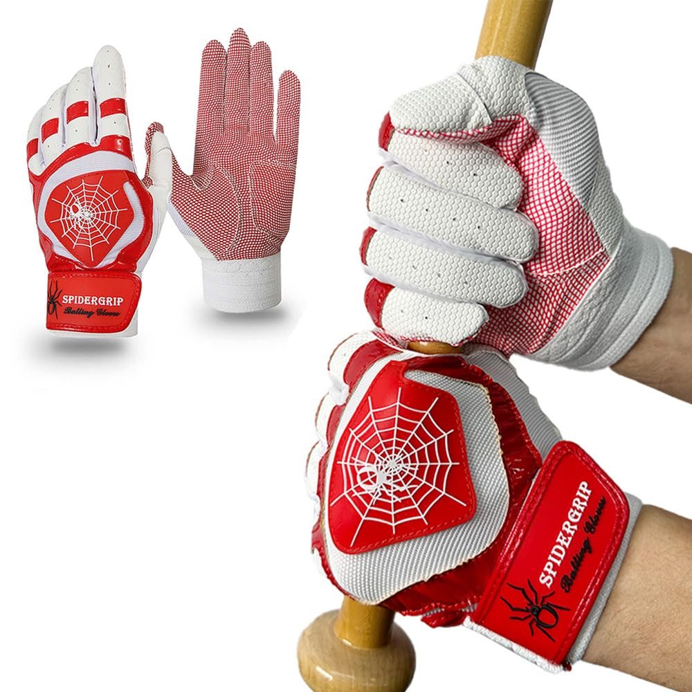 J&S Sporting Spider Grip Baseball Softball Batting Gloves for Mens and Kids (White Red, Medium)