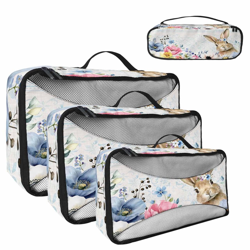 4 Set Packing Cubes for Travel Luggage Organizer Bags Spring Easter Egg Bunny Flower Retro Blue Travel Cubes for Carry on Suitcases Travel Bags Space Saving Travel Accessories (XL, L, M, S)