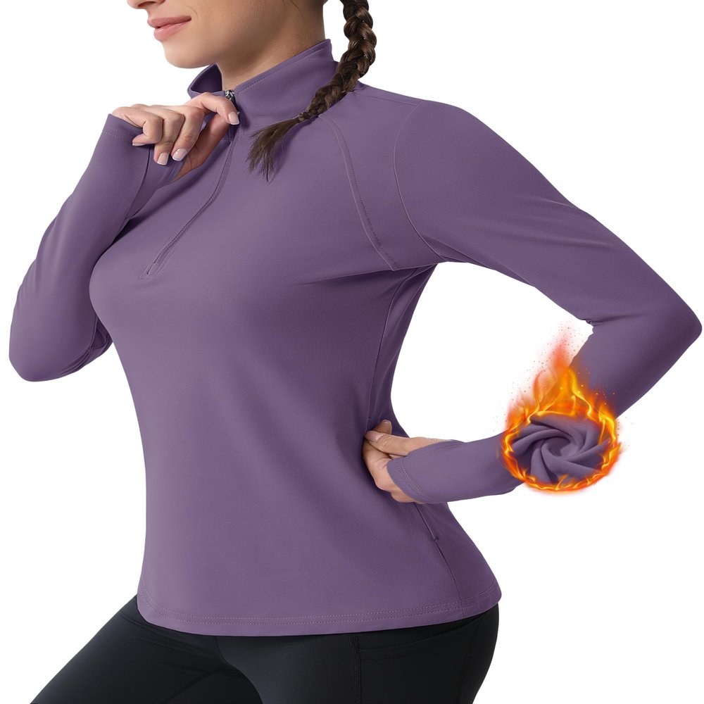 MAGCOMSEN Womens Half Zip Thermal Pullover with Zipper Pockets Fleece Athletic Jackets Fall Workout Shirts Purple M