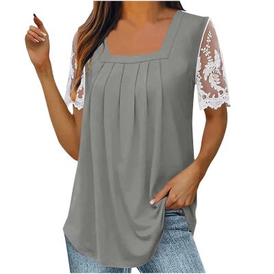 2024 2024 Womens Summer Tops Short Sleeve Shirts Casual Square Neck Lace Blouse Pleated Tunic Tops Fashion Clothes Gray