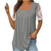 2024 2024 Womens Summer Tops Short Sleeve Shirts Casual Square Neck Lace Blouse Pleated Tunic Tops Fashion Clothes Gray view 1