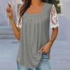 2024 2024 Womens Summer Tops Short Sleeve Shirts Casual Square Neck Lace Blouse Pleated Tunic Tops Fashion Clothes Gray view 2