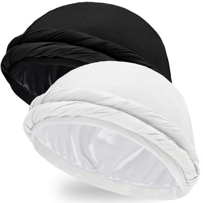 Ababalaya 2PCS Adjustable Satin Lined Halo Turban Durag for Men &Women, Sleeping Bonnet, Beanie Hats, PRE-Tied Headwraps for Hair Loss Black/White