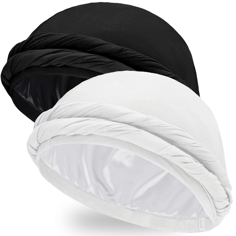 Ababalaya 2PCS Adjustable Satin Lined Halo Turban Durag for Men &Women, Sleeping Bonnet, Beanie Hats, PRE-Tied Headwraps for Hair Loss Black/White
