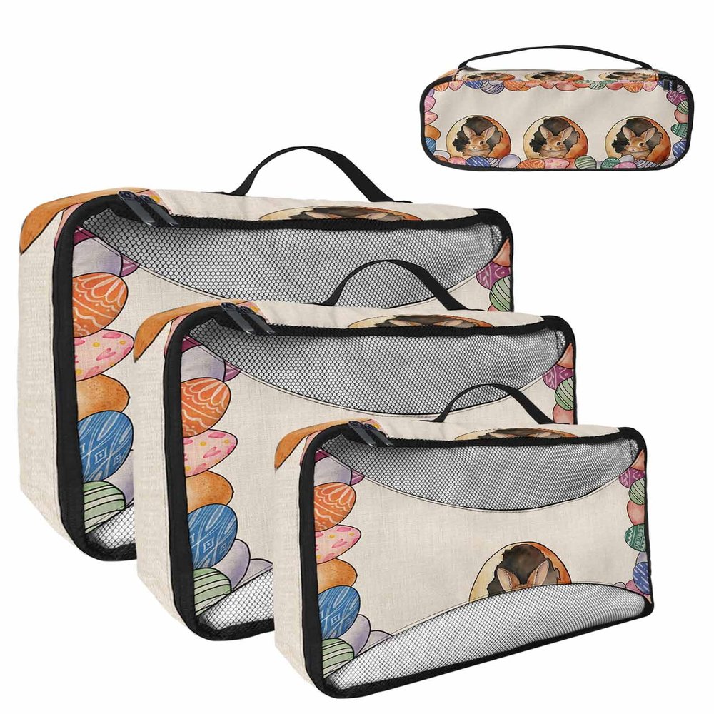 4 Set Packing Cubes for Travel Luggage Organizer Bags Easter Spring Eggs Bunny Linen Bottom Travel Cubes for Carry on Suitcases Travel Bags Space Saving Travel Accessories (XL, L, M, S)