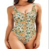 SHEKINI Women's Sexy Zipper Front Bathing Suit Low Back High Cut One Piece Swimsuit(Beige Print-1,Small) view 1