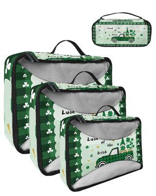 4 Set Packing Cubes for Travel Luggage Organizer Bags St. Patrick's Day Luck of the Irish Truck with Gnome Shamrock Travel Cubes for Carry on Suitcases Travel Bags Travel Accessories (XL, L, M, S)