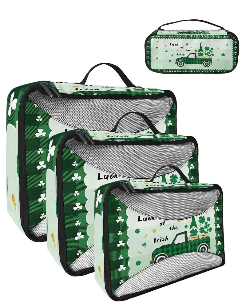 4 Set Packing Cubes for Travel Luggage Organizer Bags St. Patrick's Day Luck of the Irish Truck with Gnome Shamrock Travel Cubes for Carry on Suitcases Travel Bags Travel Accessories (XL, L, M, S)