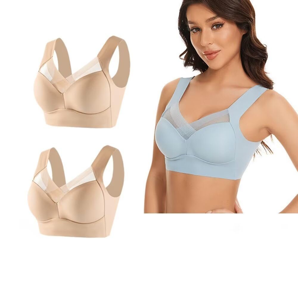 Animastyle 2 Pack Full Coverage Smooth Bra for Women Wirefree with Molded Cup Bra Beige+Beige 6XL