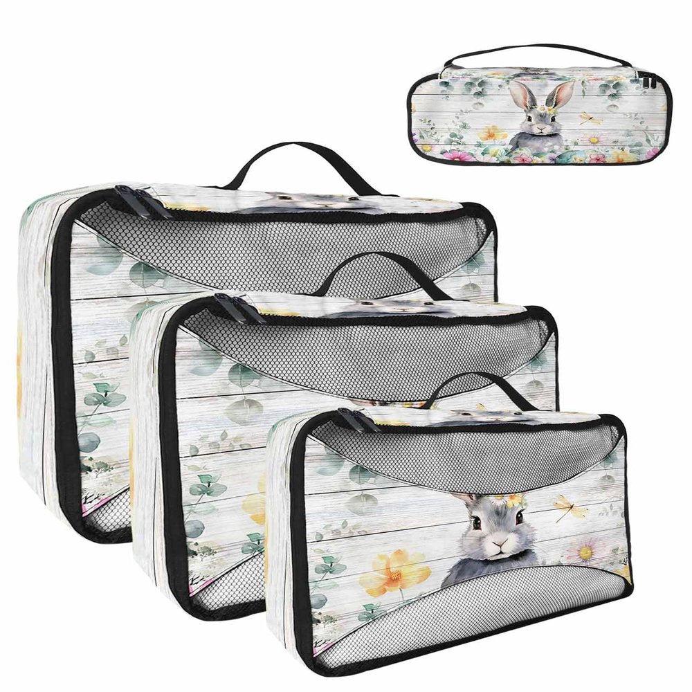4 Set Packing Cubes for Travel Luggage Organizer Bags Spring Easter Egg Gray Bunny Flower White Wood Grain Travel Cubes for Carry on Suitcases Travel Bags Space Saving Travel Accessories (XL, L, M, S)