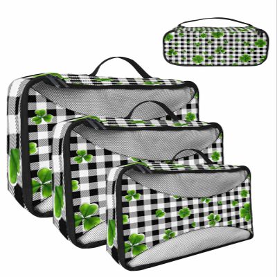 4 Set Packing Cubes for Travel Luggage Organizer Bags St. Patrick's Day Green Lucky Clover Shamrock Vintage Buffalo Plaid Travel Cubes for Carry on Suitcases Travel Bags Travel Accessories(XL,L,M,S)
