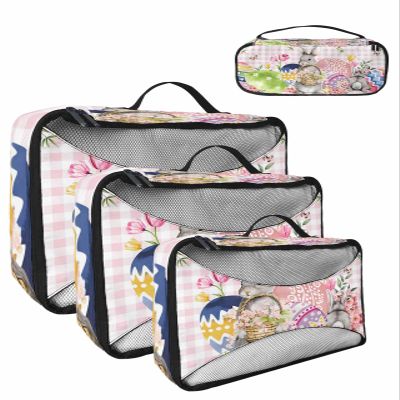 4 Set Packing Cubes for Travel Luggage Organizer Bags Vintage Watercolor Easter Bunny Tulip Flower Pink Travel Cubes for Carry on Suitcases Travel Bags Space Saving Travel Accessories (XL, L, M, S)