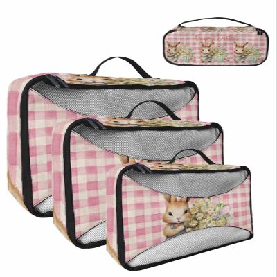 4 Set Packing Cubes for Travel Luggage Organizer Bags Easter Watercolor Bunny Pink Plaid Travel Cubes for Carry on Suitcases Travel Bags Space Saving Travel Accessories (XL, L, M, S)