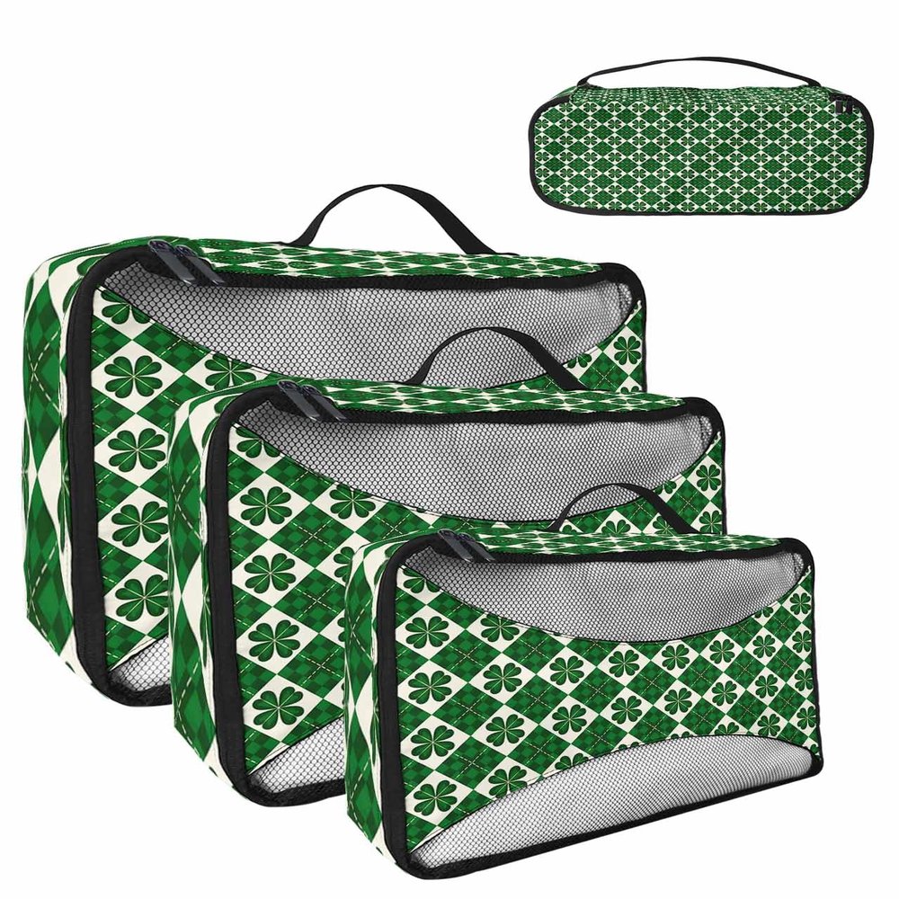 4 Set Packing Cubes for Travel Luggage Organizer Bags St. Patrick's Day Green Shamrocks Plaid Green Travel Cubes for Carry on Suitcases Travel Bags Space Saving Travel Accessories (XL, L, M, S)