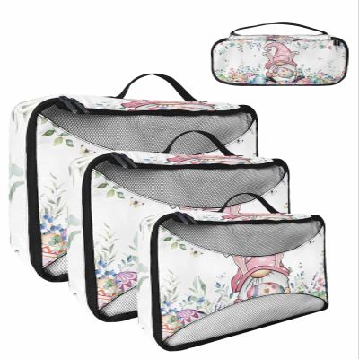 4 Set Packing Cubes for Travel Luggage Organizer Bags Easter Eggs Spring Watercolor Plants Flowers Gnome White Travel Cubes for Carry on Suitcases Travel Bags Travel Accessories (XL, L, M, S)