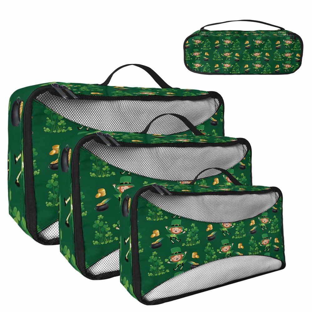 4 Set Packing Cubes for Travel Luggage Organizer Bags St. Patrick's Day Lucky Shamrocks Leprechaun Gold Rainbow Travel Cubes for Carry on Suitcases Travel Bags Travel Accessories (XL, L, M, S)