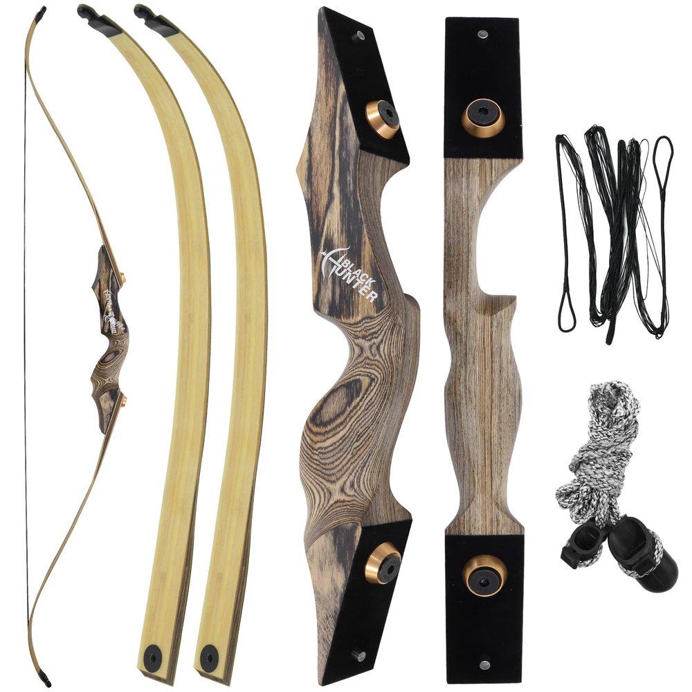 HANDBAIGE 60'' Hunting Recurve Bow Black Hunter Recurve Bow for Adults with Bow Stringer for Shooting Practice Right Hand Takedown Bow (30LBS)