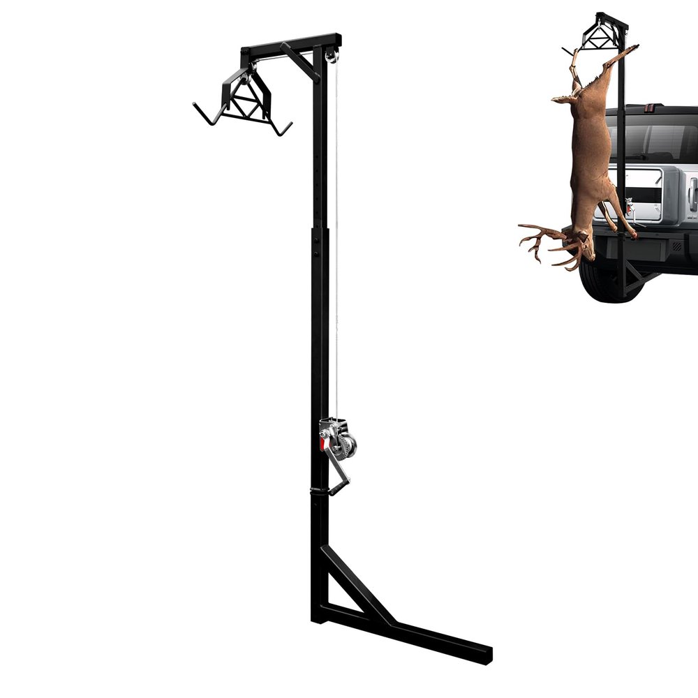 Yellulu Hitch Mounted Deer Hoist, 500lbs Capacity Truck Hitch Game Hoist, Truck Hitch Deer Hoist, with Winch Lift and Gambrel Set, 74-102 inches Adjustable Height, 360 Degrees Swivel