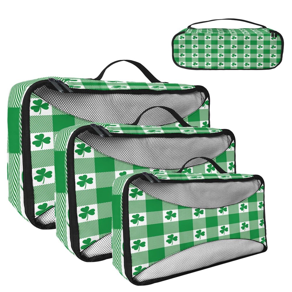 4 Set Packing Cubes for Travel Luggage Organizer Bags St. Patrick's Day Spring Green Shamrock with Checkered Print Travel Cubes for Carry on Suitcases Travel Bags Travel Accessories (XL, L, M, S)