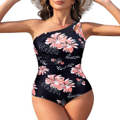 Century Star Swimsuits for Teen Girls One Piece Swimsuit Women 2024 One Shoulder Swimsuits for Women Tummy Control Modest Full Coverage Bathing Suit for Women Swimwear Pink Print Flower Small