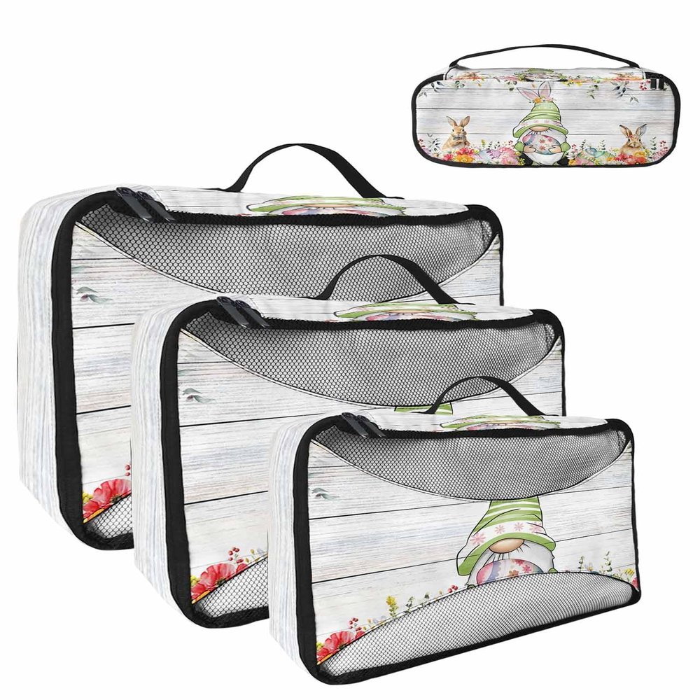 4 Set Packing Cubes for Travel Luggage Organizer Bags Easter Spring Eggs Flower Dwarf Wooden Grain White Travel Cubes for Carry on Suitcases Travel Bags Space Saving Travel Accessories (XL, L, M, S)