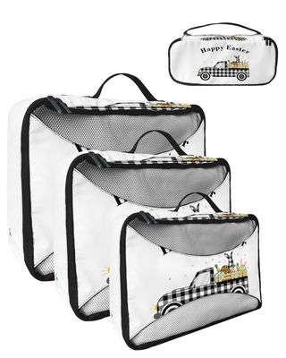 4 Set Packing Cubes for Travel Luggage Organizer Bags Happy Easter Truck with Colorful Easter Eggs Travel Cubes for Carry on Suitcases Travel Bags Space Saving Travel Accessories (XL, L, M, S)