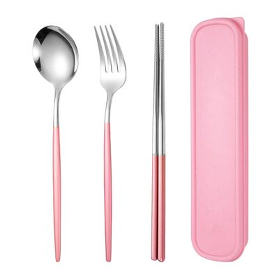 Spoons Creative Simple Stainless Steel Outdoor Portable Tableware Set Spoon Chopsticks Fork Optional Set Meal (Color : Pink Silver, Size : 3pcs+Box)
