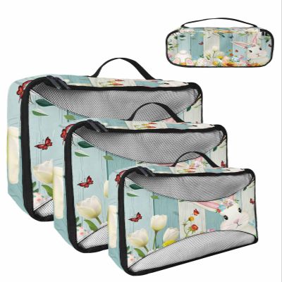 4 Set Packing Cubes for Travel Luggage Organizer Bags Easter Spring Eggs Flower Plants Bunny Leaf Butterfly Travel Cubes for Carry on Suitcases Travel Bags Travel Accessories (XL, L, M, S)