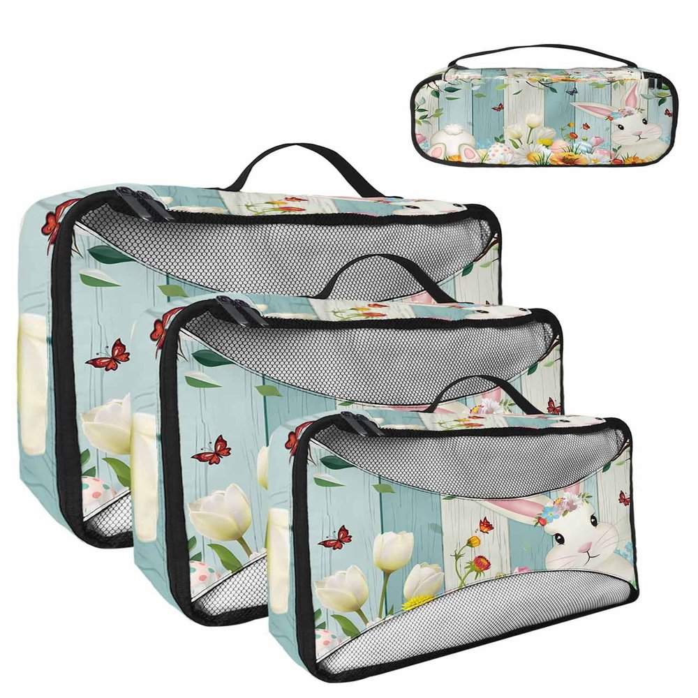 4 Set Packing Cubes for Travel Luggage Organizer Bags Easter Spring Eggs Flower Plants Bunny Leaf Butterfly Travel Cubes for Carry on Suitcases Travel Bags Travel Accessories (XL, L, M, S)