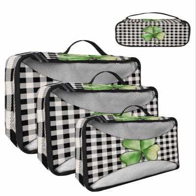 4 Set Packing Cubes for Travel Luggage Organizer Bags St. Patrick's Day Lucky Clover on Vintage Black Buffalo Check Plaid Travel Cubes for Carry on Suitcases Travel Bags Travel Accessories(XL,L,M,S)