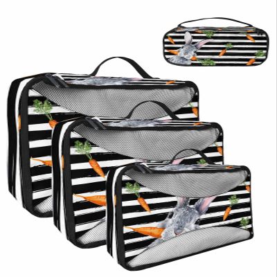 4 Set Packing Cubes for Travel Luggage Organizer Bags Happy Easter Watercolor Bunny Black Stripes Travel Cubes for Carry on Suitcases Travel Bags Space Saving Travel Accessories (XL, L, M, S)