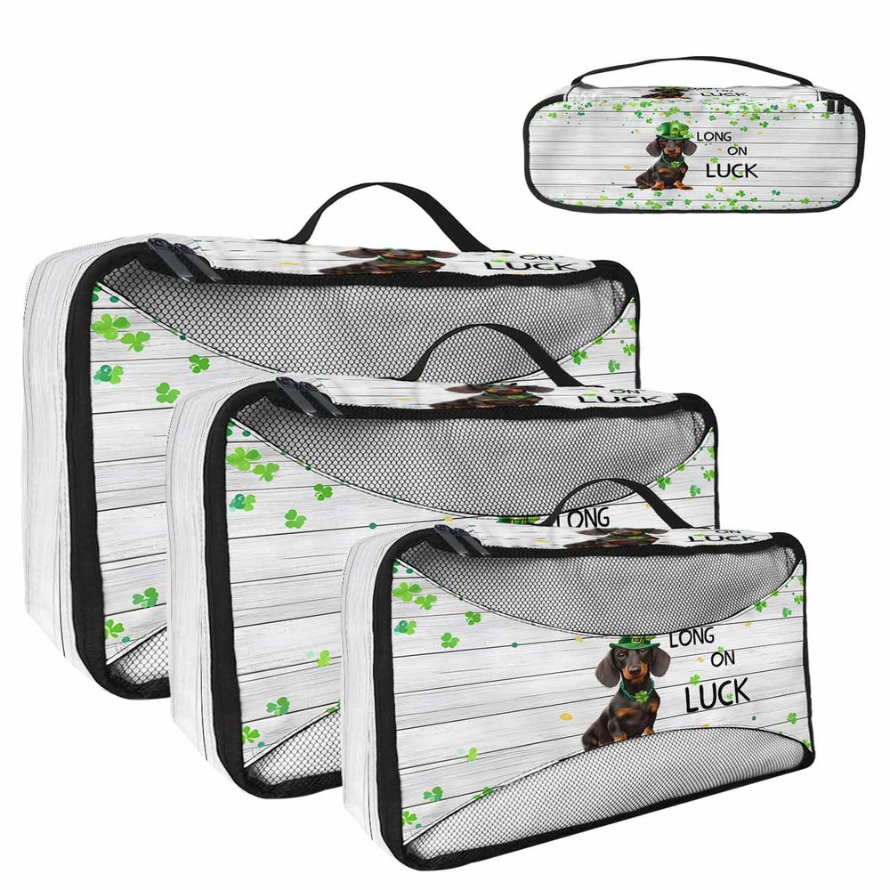 4 Set Packing Cubes for Travel Luggage Organizer Bags St. Patrick's Day Funny Dog with Leprechaun Hat Long on Luck Falling Clovers Travel Cubes for Carry on Suitcases Travel Accessories(XL,L,M,S)