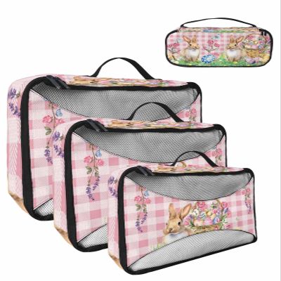4 Set Packing Cubes for Travel Luggage Organizer Bags Happy Easter Cute Rabbit Easter Bunny Eggs Spring Flowers Pink Checkered Travel Cubes for Carry on Suitcases Travel Accessories(XL,L,M,S)