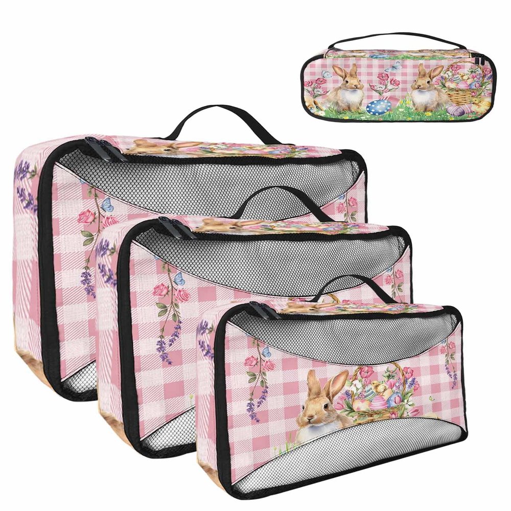 4 Set Packing Cubes for Travel Luggage Organizer Bags Happy Easter Cute Rabbit Easter Bunny Eggs Spring Flowers Pink Checkered Travel Cubes for Carry on Suitcases Travel Accessories(XL,L,M,S)