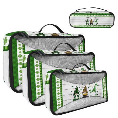 4 Set Packing Cubes for Travel Luggage Organizer Bags St. Patrick's Day Gnomes Greeting with Luck Clovers Green Buffalo Check Plaid Travel Cubes for Carry on Suitcases Travel Accessories(XL,L,M,S)