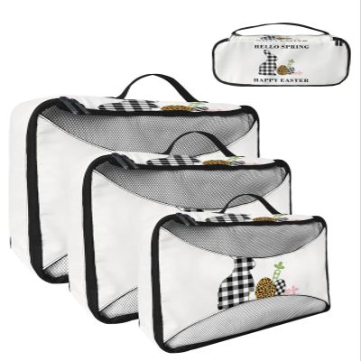 4 Set Packing Cubes for Travel Luggage Organizer Bags Hello Spring Happy Easter Rabbit Easter Eggs Radish with Plaid Leopard Prints Travel Cubes for Carry on Suitcases Travel Accessories(XL,L,M,S)