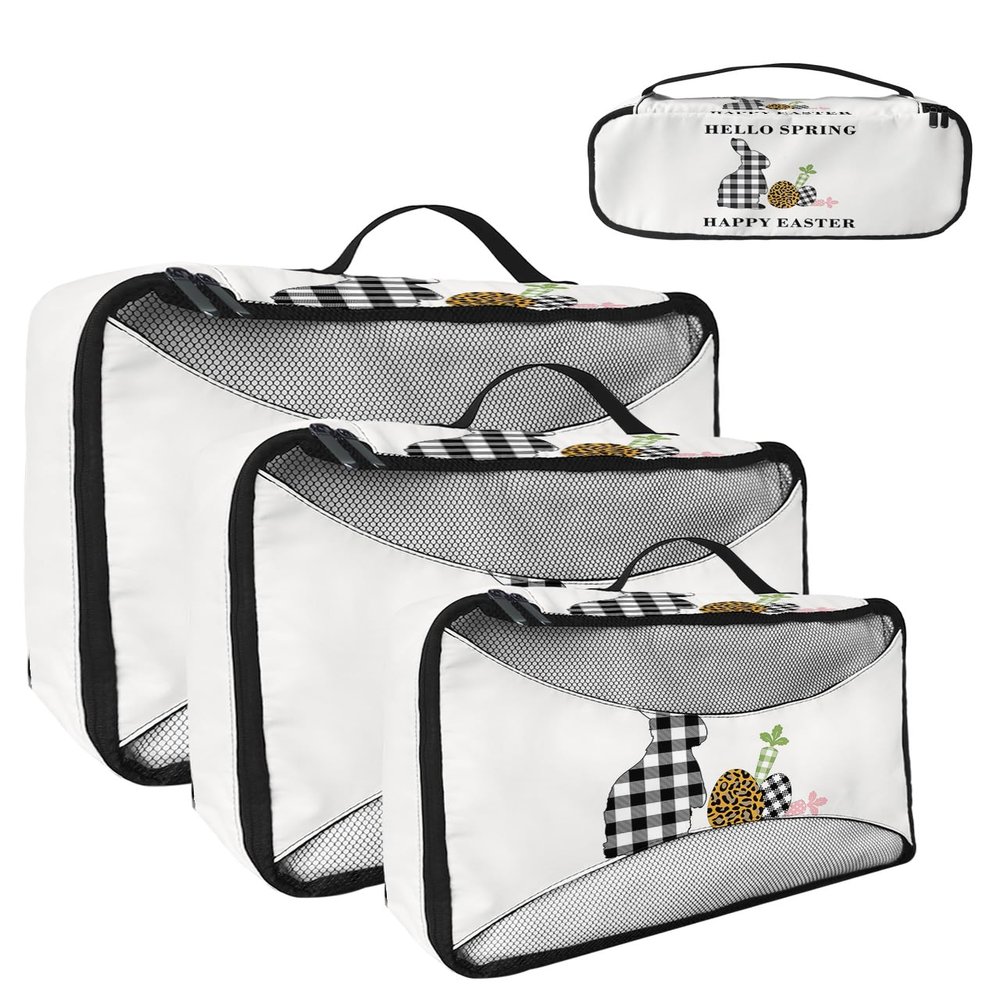 4 Set Packing Cubes for Travel Luggage Organizer Bags Hello Spring Happy Easter Rabbit Easter Eggs Radish with Plaid Leopard Prints Travel Cubes for Carry on Suitcases Travel Accessories(XL,L,M,S)