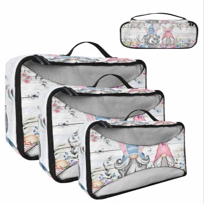 4 Set Packing Cubes for Travel Luggage Organizer Bags Easter Eggs Spring Plants Flowers Gnome White Wood Grain Travel Cubes for Carry on Suitcases Travel Bags Travel Accessories (XL, L, M, S)